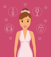 beautiful bride with wedding related icons over pink background. colorful design. vector illustration