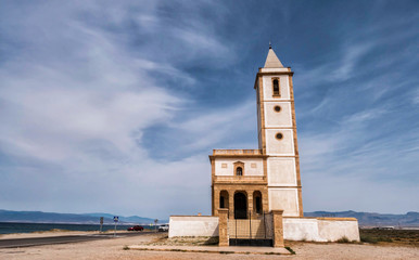 San Miguel Beach and Salinas church, take in Cabo de gata, Almeria, Andalusia, Spain