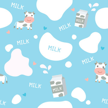 Milk and cow seamless pattern on blue 