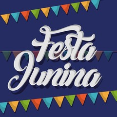 festa junina card with decorative pennants  over blue background. colorful design. vector illustration