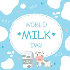 World milk day poster decorated with milk box and cow pattern on blue background.
