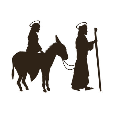 silhouette joseph and virgin mary riding donkey holy image vector illustration
