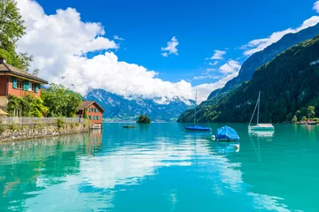 Foto op Plexiglas Bay of  Lake Brienz at Village Iseltwald - beautiful lake in the alps at Interlaken, Switzerland © Simon Dannhauer