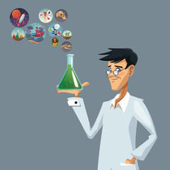 realistic color poster closeup scientist with glass beaker with formula and icons world evolution vector illustration