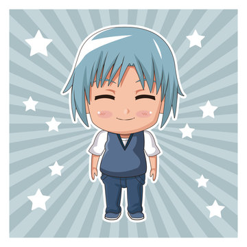 striped color background with stars and cute anime tennager facial expression smile with eyes closed vector illustration