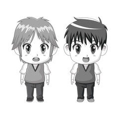 monochrome set silhouette cute anime tennagers facial expression surprise vector illustration