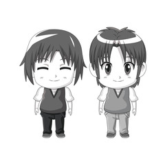monochrome set silhouette cute anime tennagers facial expression happiness vector illustration