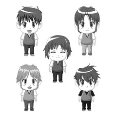 monochrome set silhouette full body cute anime tennagers facial expressions vector illustration