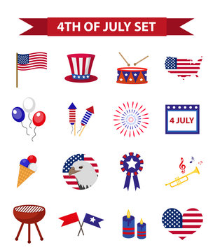 Set of patriotic icons Independence Day of America. July 4th collection of design elements, isolated on white background. Vector illustration, clip-art