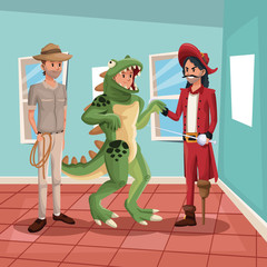 house interior background with full body group people male in costume halloween vector illustration