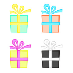 Set of cute colorful cartoon present boxes, present with bow symbol.