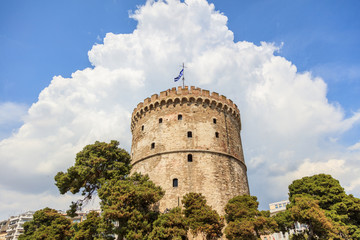 Thessaloniki, Greece. White tower on blue sky background