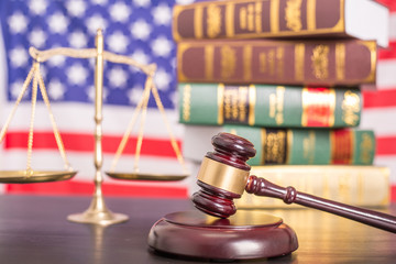 Punishment judgement gavel wood with USA flag.