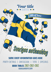 National Day poster with swedesh flag and blue and yellow baloons. Swedish text saying "National Day in Sweden"