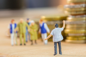 Nursing home nurse welcome retire elderly man and women concept with coin stack