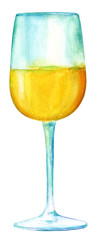 Watercolor drawing of glass of white wine, isolated on white