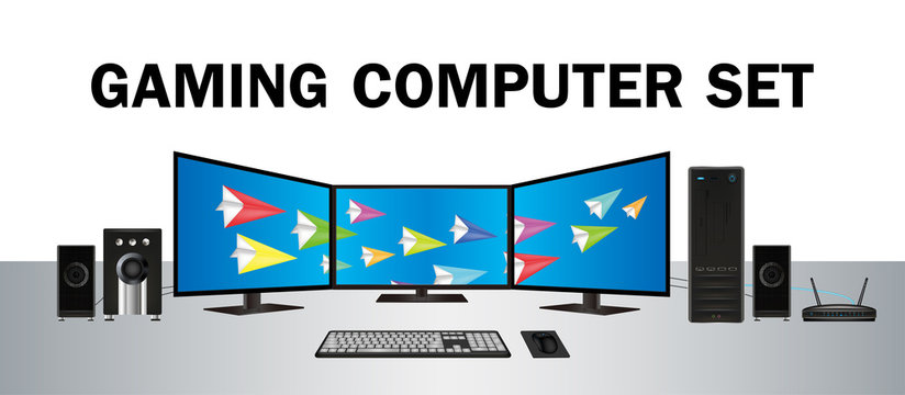 gaming desktop computer set with multi monitor