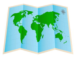 four fold world map paper on a white background