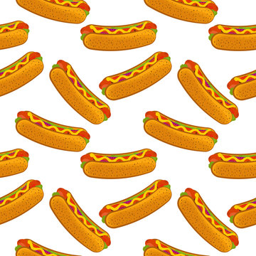Seamless pattern with hot dog on a white background