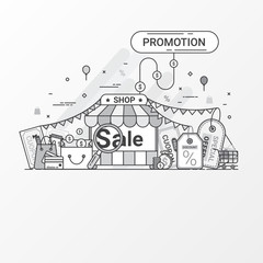 Fototapeta premium Promotion for sale concept. This set contains icon elements, coupon, discount label, online store, shop, shopping bag, credit card, search, price tag, special offers. Flat line style create by vector.