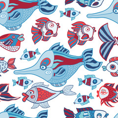 Doodle kids sea animals seamless vector pattern