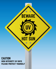 Road warning sign about sun uv radiation