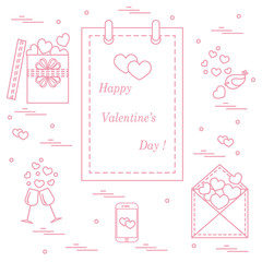 Cute vector illustration: calendar with Valentine&rsquo;s Day, gifts, postal envelope, two stemware, smartphone, birds with hearts.