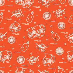 Cute seamless pattern with pitcher of sangria, orange, bottle of olive oil and branch with olives. Travel and leisure.