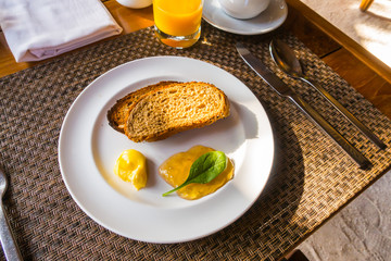 Breakfast with toast and coffee. .