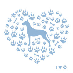 Nice picture of great dane silhouette on a background of dog tracks and bones in the form of heart.