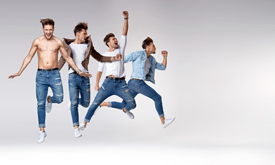 Multiple portrait of a jumping smart guy