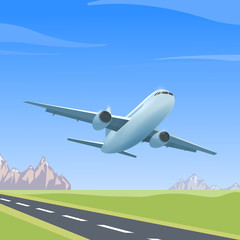 Airplane is flying over the runway, colorful illustration of aircraft. Vector