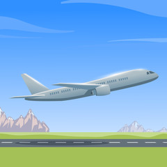 Airplane is flying over the runway, colorful illustration of aircraft. Vector