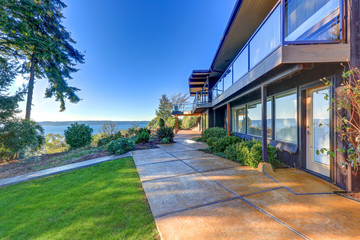 Modern two story panorama house with Puget Sound view