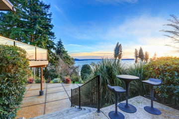 Modern two story panorama house with view of Puget Sound