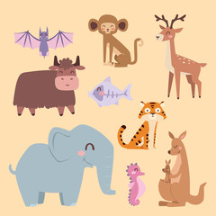 Cute zoo cartoon animals isolated funny wildlife learn cute language and tropical nature safari mammal jungle tall characters vector illustration.