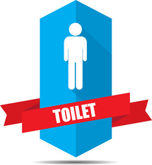 A Man Toilet Sign On Blue Shield With Red Ribbon Label, Sticker, Tag, Sign And Icon Banner Business Concept, Design Modern.

