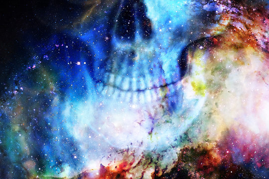 Detailed skull mouth in color cosmic abstract background.