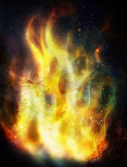 Fire flame in space. Cosmic space and stars, color cosmic abstract background.