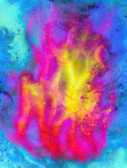 Fototapeta na wymiar Fire flame in space. Cosmic space and stars, color cosmic abstract background.
