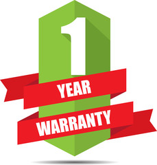 1 Year Warranty Promotional Sale Green Sign, Seal Graphic With Red Ribbons. A Specified Period Of Time.