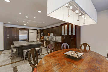 Dining room with round wood dining table