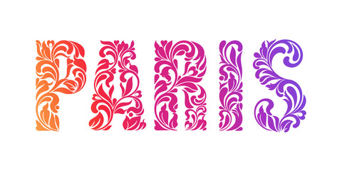 PARIS. Decorative Font made in swirls and floral elements isolated on a white background. 