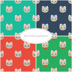 A set of four seamless patterns with muzzle kittens. Cat icon symbol 