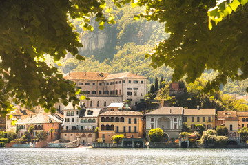 italian picturesque romantic lake San Giulio island of Orta lake in Piedmont region, Novara...