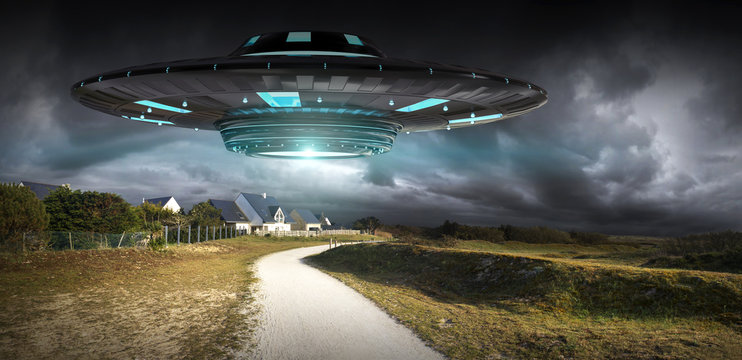 Fototapeta UFO invasion on planet earth landascape 3D rendering