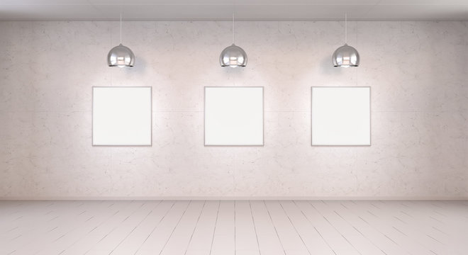 Three white blanks canvas on a wall 3D rendering