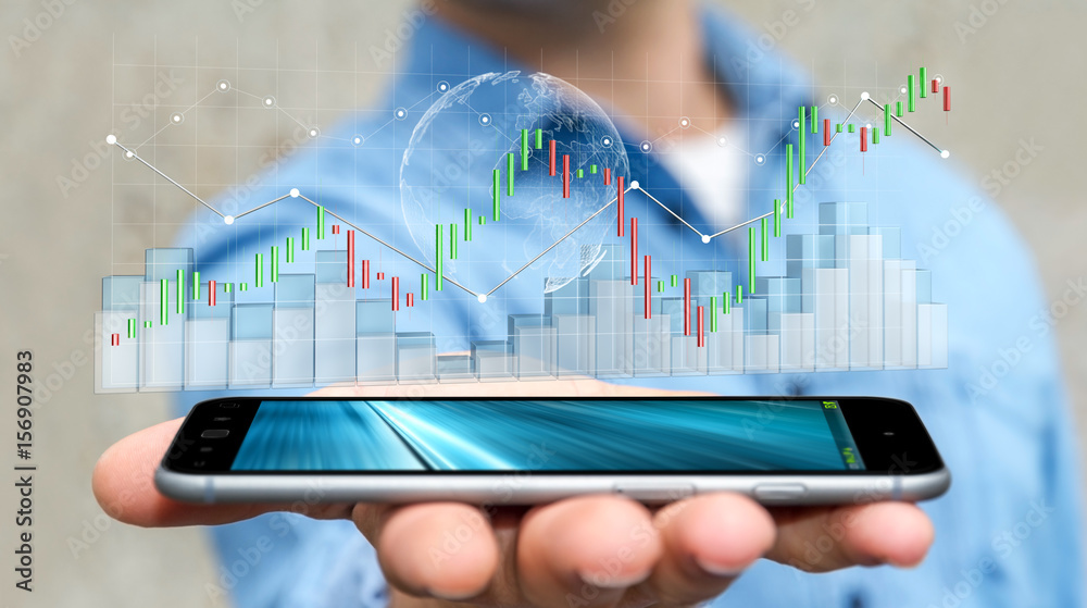 Poster Businessman using digital 3D rendered stock exchange stats and charts