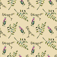Seamless floral pattern with purple berries and acacia tree branches, hand drawn isolated on a beige background