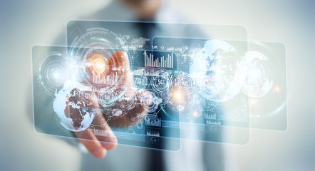 Hologram screen with digital datas used by businessman 3D rendering